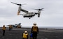 PACIFIC OCEAN (Oct. 8, 2024) An MV-22 Osprey, attached to the “Titans” of Fleet Logistics Multi-Mission Squadron (VRM) 30, takes off from the flight deck of the Nimitz-class aircraft carrier USS Theodore Roosevelt (CVN 71) Oct. 8, 2024. Theodore Roosevelt, flagship of Carrier Strike Group 9, is underway conducting routine operations in the U.S. 3rd Fleet area of operations. An integral part of U.S. Pacific Fleet, U.S. 3rd Fleet operates naval forces in the Indo-Pacific and provides the realistic, relevant training necessary to execute the U.S. Navy’s role across the full spectrum of military operations – from combat operations to humanitarian assistance and disaster relief. U.S. 3rd Fleet works together with our allies and partners to advance freedom of navigation, the rule of law, and other principles that underpin security for the Indo-Pacific region. (U.S. Navy photo by Mass Communication Specialist 3rd Class Richard Tinker)