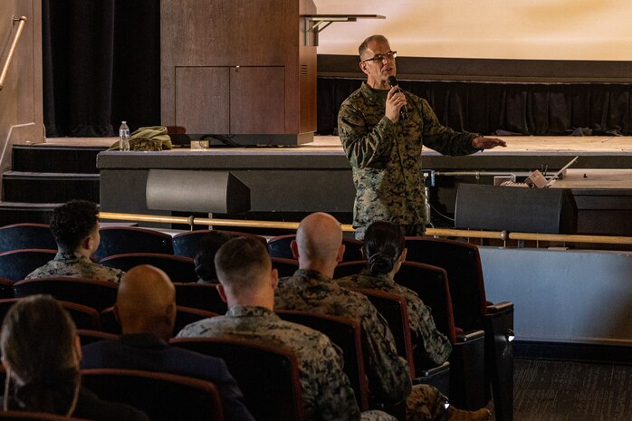 U.S. Navy Chaplain Rear Adm. Carey Cash, chaplain of the Marine Corps, gives a speech during the kick-off to spiritual fitness month at Marine Corps Recruit Depot San Diego, California, Nov. 4, 2024. Spiritual Fitness Month is a program implemented  to bring awareness to spiritual health. MCRD is the first Marine Corps Base to implement this program. (U.S. Marine Corps photo by Lance Cpl. Jacob B. Hutchinson)