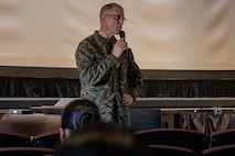 U.S. Navy Chaplain Rear Adm. Carey Cash, chaplain of the Marine Corps, gives a speech during the kick-off to spiritual fitness month at Marine Corps Recruit Depot San Diego, California, Nov. 4, 2024. Spiritual Fitness Month is a program implemented  to bring awareness to spiritual health. MCRD is the first Marine Corps Base to implement this program. (U.S. Marine Corps photo by Lance Cpl. Jacob B. Hutchinson)