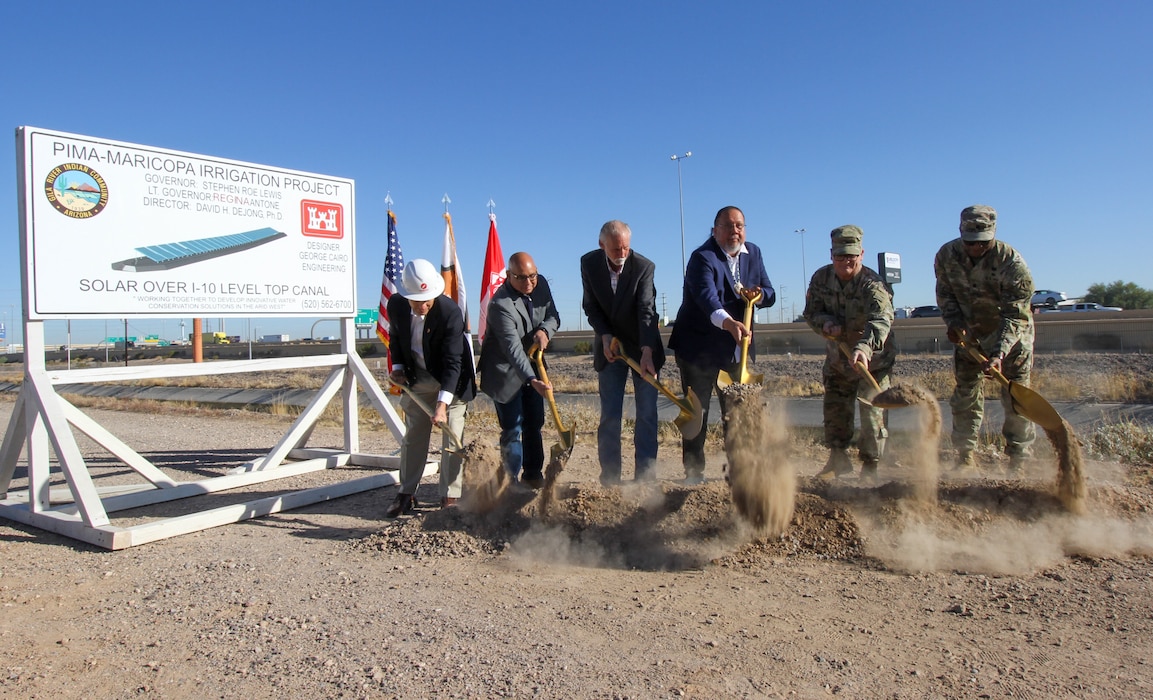 Project partners break ground on a solar-over-canal system during a ceremony Nov. 14, 2024, for the Gila River Indian Community in Chandler, Arizona. The project, one of the first in the Western Hemisphere, is designed to conserve water and generate renewable energy for the community’s tribal irrigation facilities.