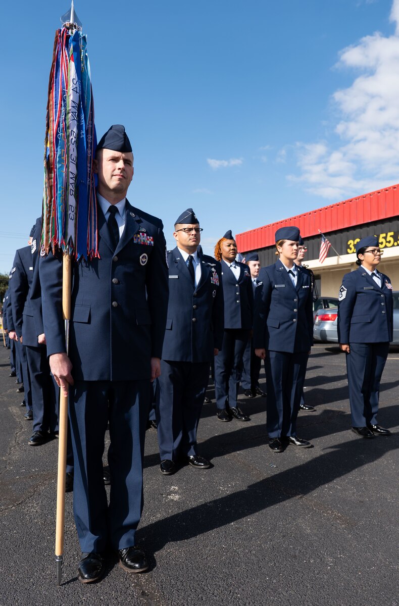 U.S. Air Force Airmen assigned to Goodfellow Air Force Base prepare to march during the San Angelo Veterans Day parade downtown San Angelo, Texas, Nov. 9, 2024. The United States Air Force was established on September 18, 1947. (U.S. Air Force photo by Staff Sgt. Nathan Call)