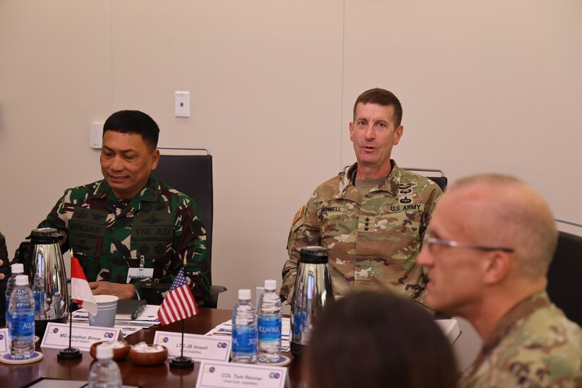 U.S. Army Pacific Deputy Commanding General Lt. Gen. Joel B. Vowell and Training Assisting of Army Chief of Staff (ASLAT) Maj. Gen. Jonathan Binsar Parluhutan Sianipar discusses opportunities during the Indonesian and U.S. Army Land Force Talks on Nov. 18, 2024. T