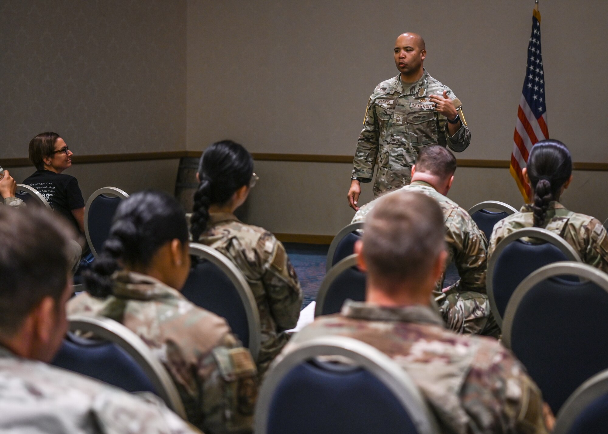 A Space Launch Delta 30 senior enlisted leader, greets the airmen, Guardians and civilians in attendance during a wingman event at Vandenberg Space Force Base.