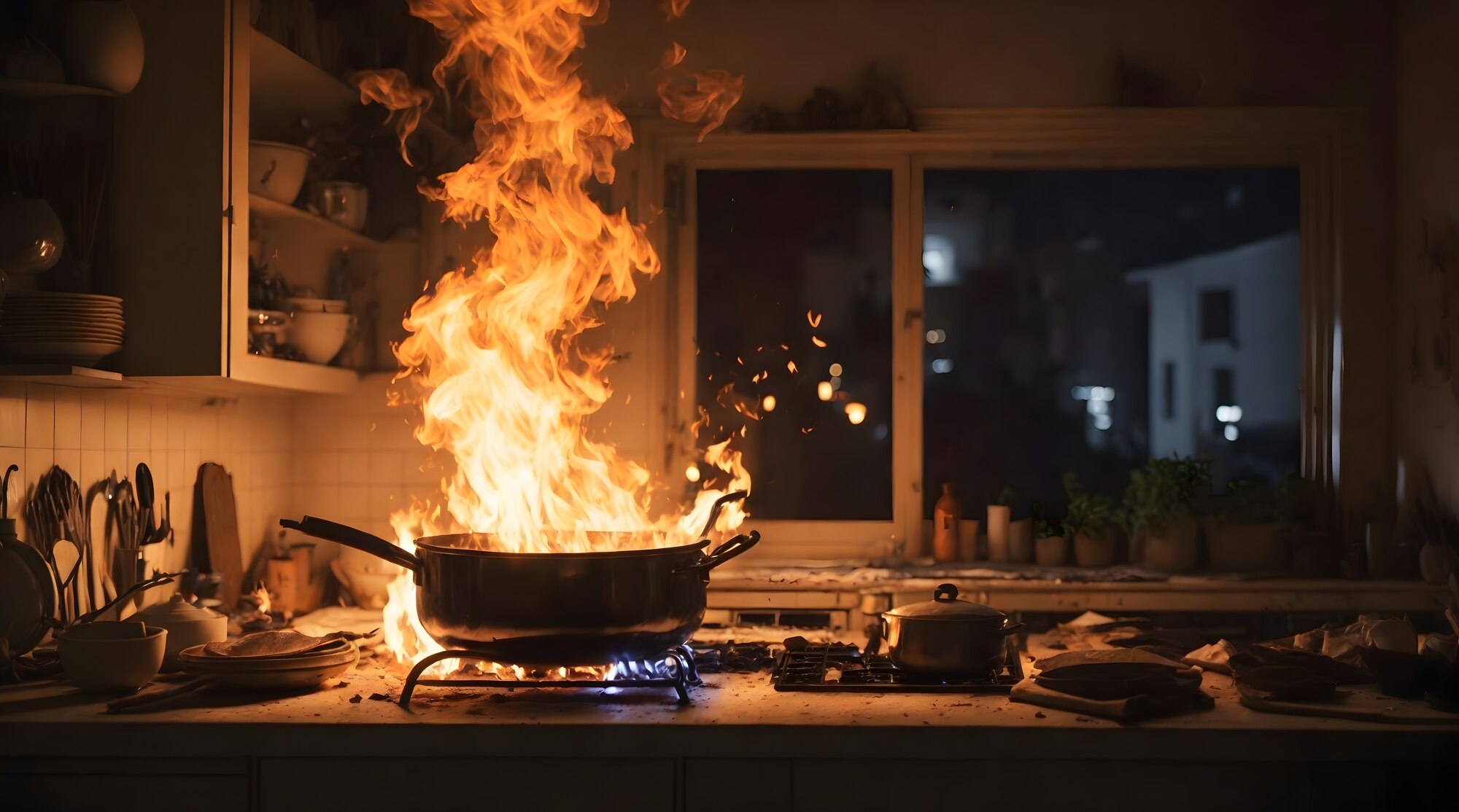 Fire on stove in kitchen.