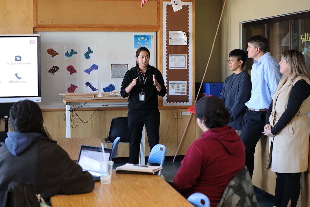 Siranon Shoomee, electrical engineer, U.S. Army Corps of Engineers – Far East District, discusses how her DA Fellowship help cultivate her career trajectory with Ms. Valerie Mitchell’s Career and Technical Education (CTE) class at Humphreys High School, Camp Humphreys Nov. 7, 2024.