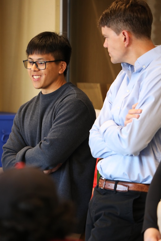 Casey Chu, civil engineer, and Daniel Carlson, fire protection engineer, both from the U.S. Army Corps of Engineers – Far East District, explain how civil and fire protection engineering affects students’ daily lives at Humphreys High School, Camp Humphreys, Nov. 7, 2024.