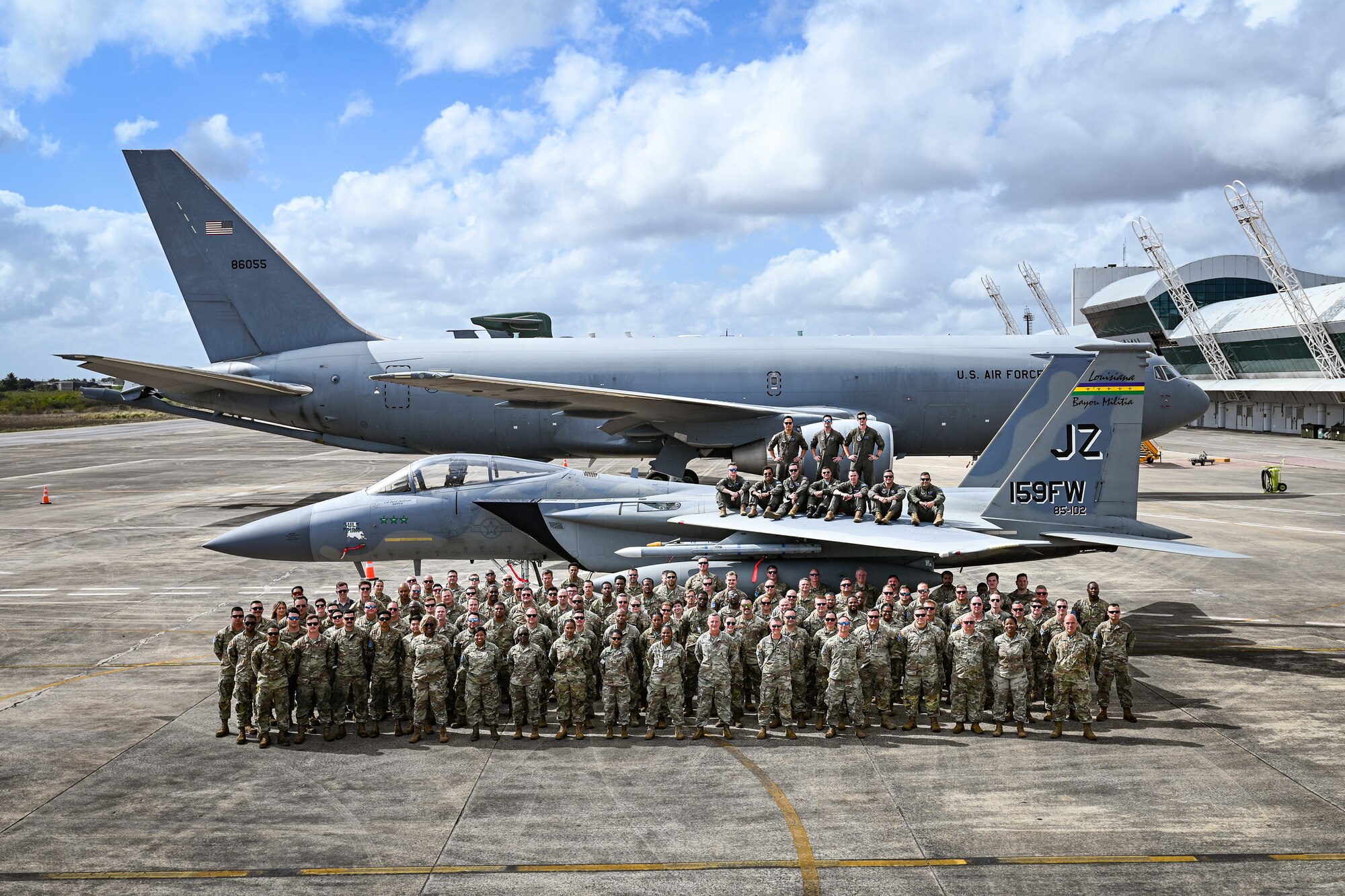 U.S. Air Force personnel supporting CRUZEX 2024 stand for a group photo at Natal Air Force Base, Brazil, Nov. 13, 2024. These joint exercises foster trust and cooperation, key elements in maintaining strong international partnerships. (U.S. Air Force photo by Staff Sgt. Madeline Herzog)