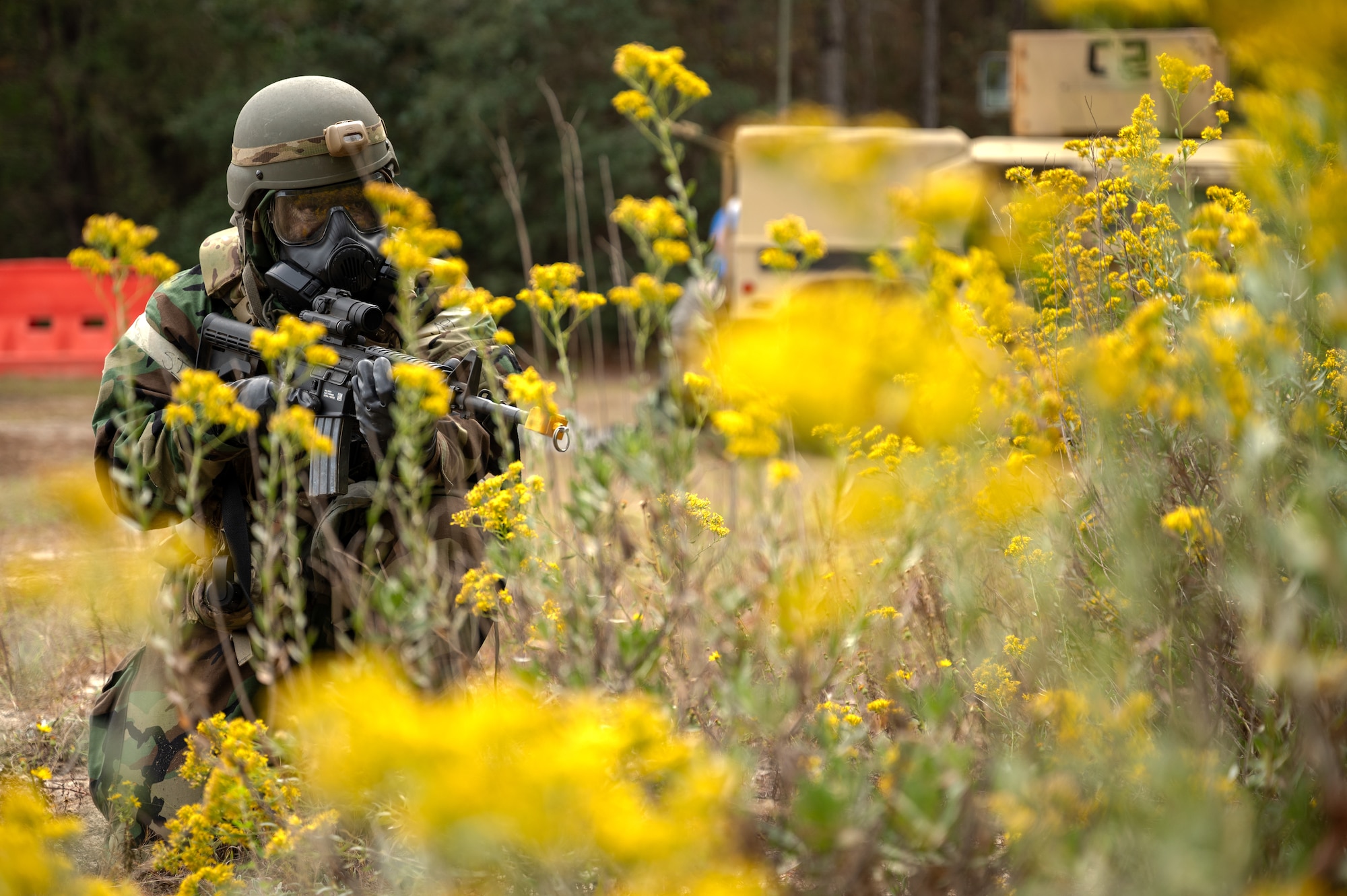 A U.S. Airman assigned to the 1st Special Operations Mission Support Group stands guard during a bivouac exercise at Eglin Range, Eglin Air Force Base, Florida, Nov. 5, 2024.