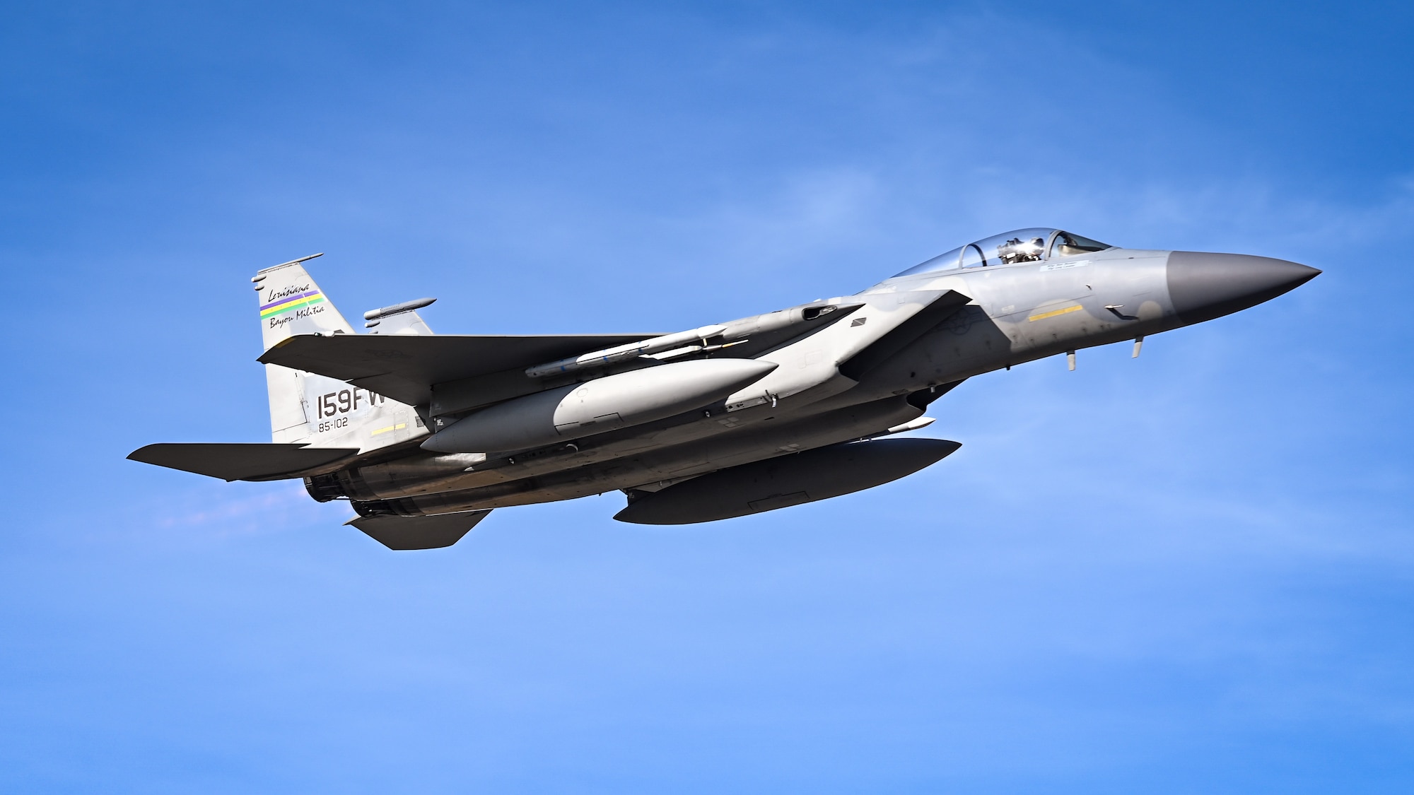 A U.S. Air Force F15C Eagle assigned to the Louisiana Air National Guard 159th Fighter Wing takes off from the runway during CRUZEX 2024 at Natal Air Force Base, Brazil, Nov. 11, 2024. This exercise reinforced the enduring promise of shared security and cooperation among allied air forces in Latin America. (U.S. Air Force photo by Staff Sgt. Madeline Herzog)