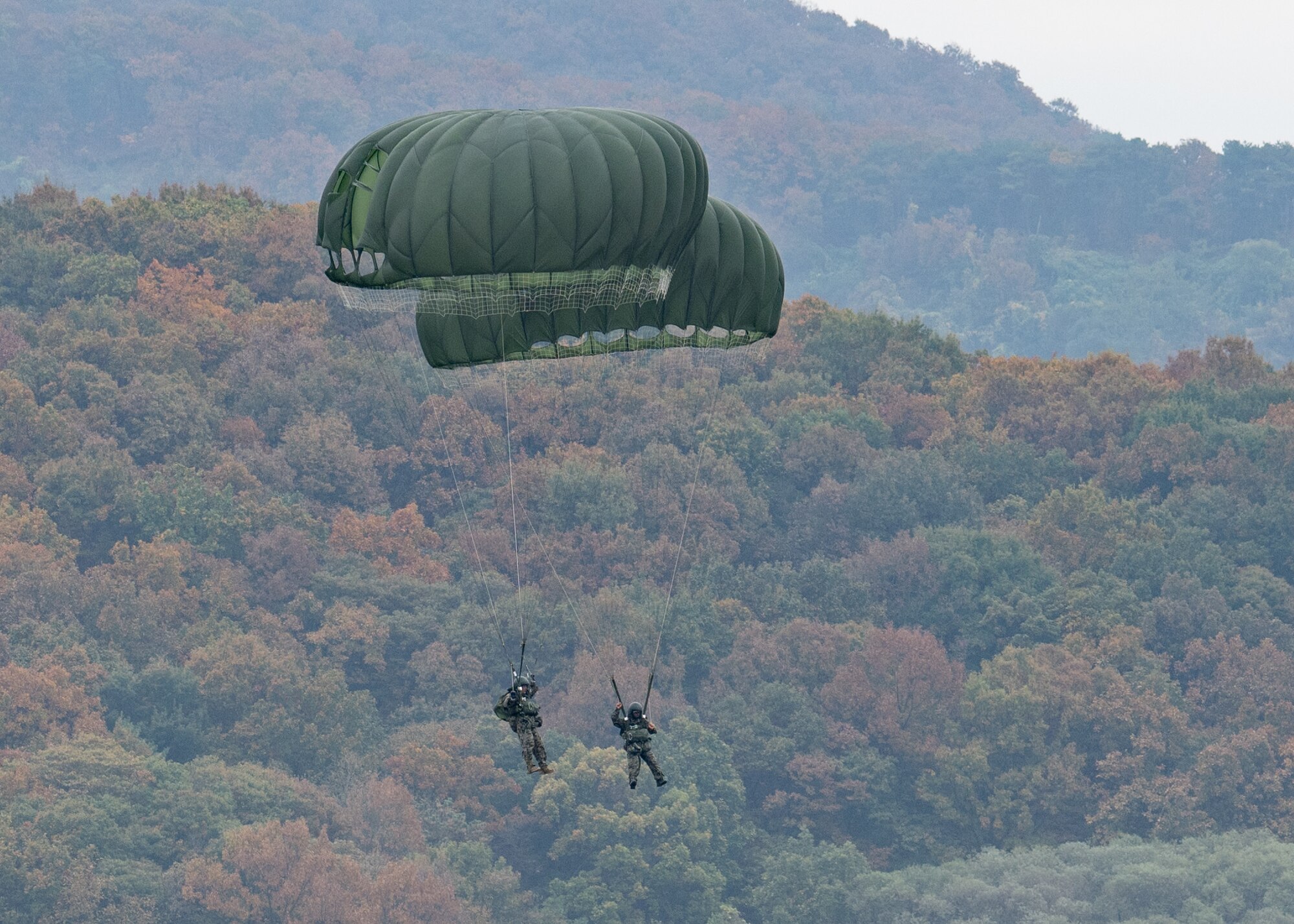 Two paratroopers fall from the sky under deployed circular parachutes with a forest in the background.