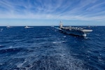 The world's largest aircraft carrier, USS Gerald R. Ford (CVN 78), sails in formation with the Arleigh Burke-class guided missile destroyers USS Winston Churchill (DDG 81), USS Mitscher (DDG 57), USS Mahan (DDG 72), USS Bainbridge (DDG 96), and USS Forrest Sherman (DDG 98) in the Atlantic Ocean, Nov. 12, 2024.