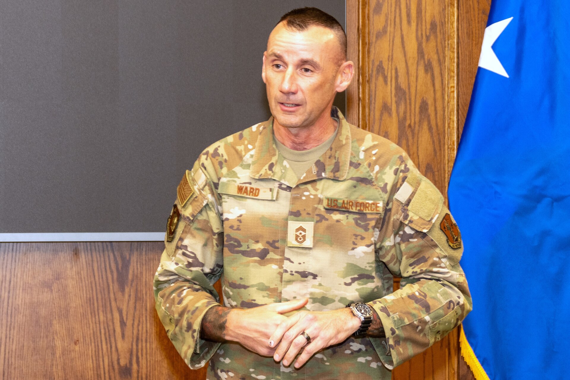 Chief Master Sgt. Dennis Ward assumes responsibility as the Pennsylvania Air National Guard’s 11th State Command Chief during a ceremony officiated by Pennsylvania’s Deputy Adjutant General-Air, Maj. Gen. Terrence L. Koudelka, in the Hartranft Conference Room here Nov. 7, 2024. During the ceremony, Ward’s wife Alaina presented him with his new rank insignia. In this role, Ward will serve as the senior-most enlisted advisor to the three wings across Pennsylvania and care for the state’s more than 3,800 Airmen (Pennsylvania National Guard photo by Wayne V. Hall)
