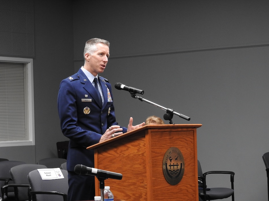 Arnold Engineering Development Complex Commander Col. Grant Mizell speaks during the Nov. 11, 2024, meeting of the Tullahoma Board of Mayor and Aldermen. Mizell, who spoke at the Tullahoma Veterans Day event earlier in the day, attended the Board of Mayor and Aldermen meeting to introduce himself to the board and discuss partnerships between the city and Arnold Air Force Base, where is AEDC is headquartered. Mizell assumed command of AEDC in June 2024. (Courtesy photo)