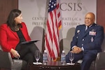 Aerospace Security Project Director Kari Bingen speaks with Air Force Gen. Anthony J. Cotton, commander of the U.S. Strategic Command, at the Center for Strategic and International Studies in Washington, Nov. 19, 2024. Cotton discussed nuclear command, control and communications system modernization in pursuit of improved strategic defense.