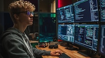 A college-aged male with glasses and curly hair is sitting at a desk that has four computer screens in front of his workspace