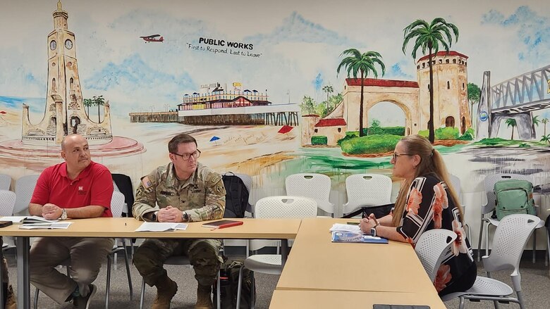 USACE Jacksonville District Commander Col. Brandon Bowman and Chief of Water Resources Branch, Mr. Milan Mora meet with Deputy Volusia County Mayor - Mrs Suzanne Konchman to discuss Daytona Beach Flood Risk Management (FRM) study timeline at the City of Daytona Beach Public Works office.   The Daytona Beach FRM study’s aim is to investigate, analyze and propose alternative mitigation responses to chronic flooding within the study area.