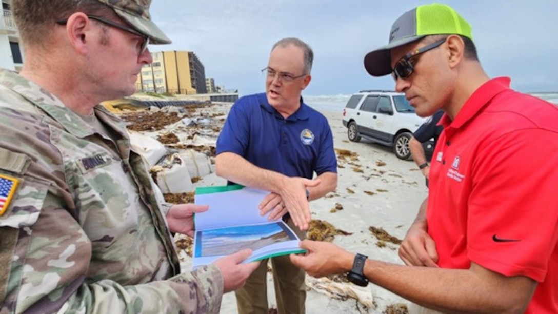 USACE Jacksonville District Commander Col. Brandon Bowman and Deputy Engineer, Mr. Howie Gonzalez, meet with city officials on the Volusia County shoreline to see areas within the forthcoming Coastal Storm Risk Management (CSRM) study. The CSRM studies determine the harmful impacts of coastal storms by reducing vulnerabilities, enhancing resilience, and protecting lives, property, and natural resources.  The Jacksonville District received Congressional authority to study the shoreline along Volusia County in 2000 and has requested funding to start the study in Fiscal Year 25.