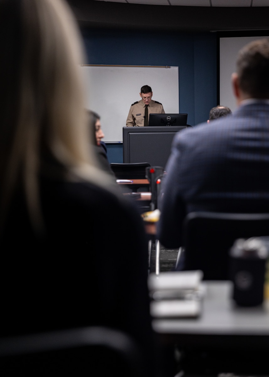 Oklahoma Army National Guard Col. Shane Riley, director of the OKNG's Launched Effects Program, addresses a meeting at the Tulsa Tech campus in Jenks, Oklahoma, Nov. 7, 2024. The meeting was a collaborative effort to bolster defense against aerial threats, bringing together Oklahoma National Guard leaders and state, education and industry partners to discuss counter uncrewed aerial systems.