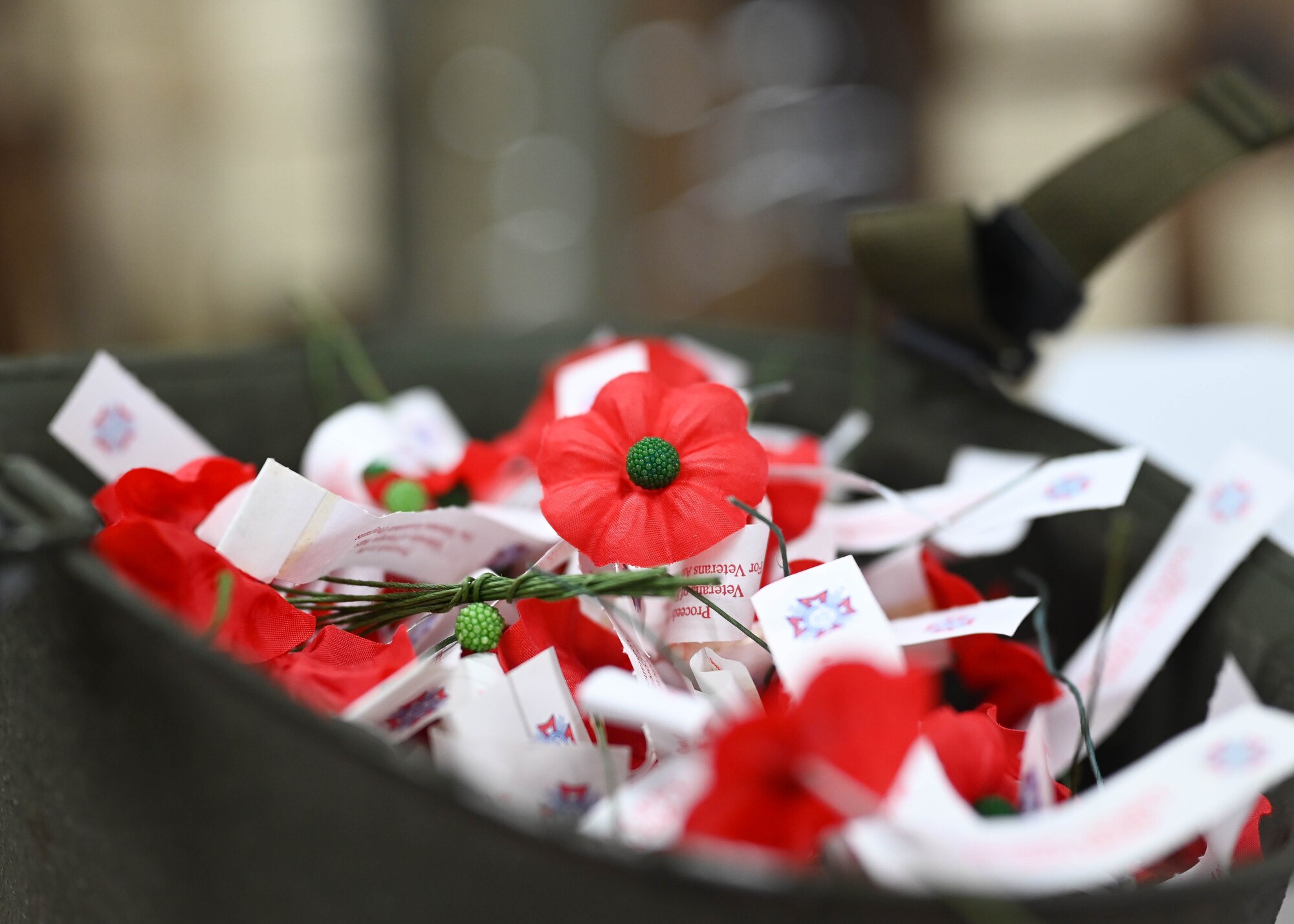 A helmet is filled with flowers.