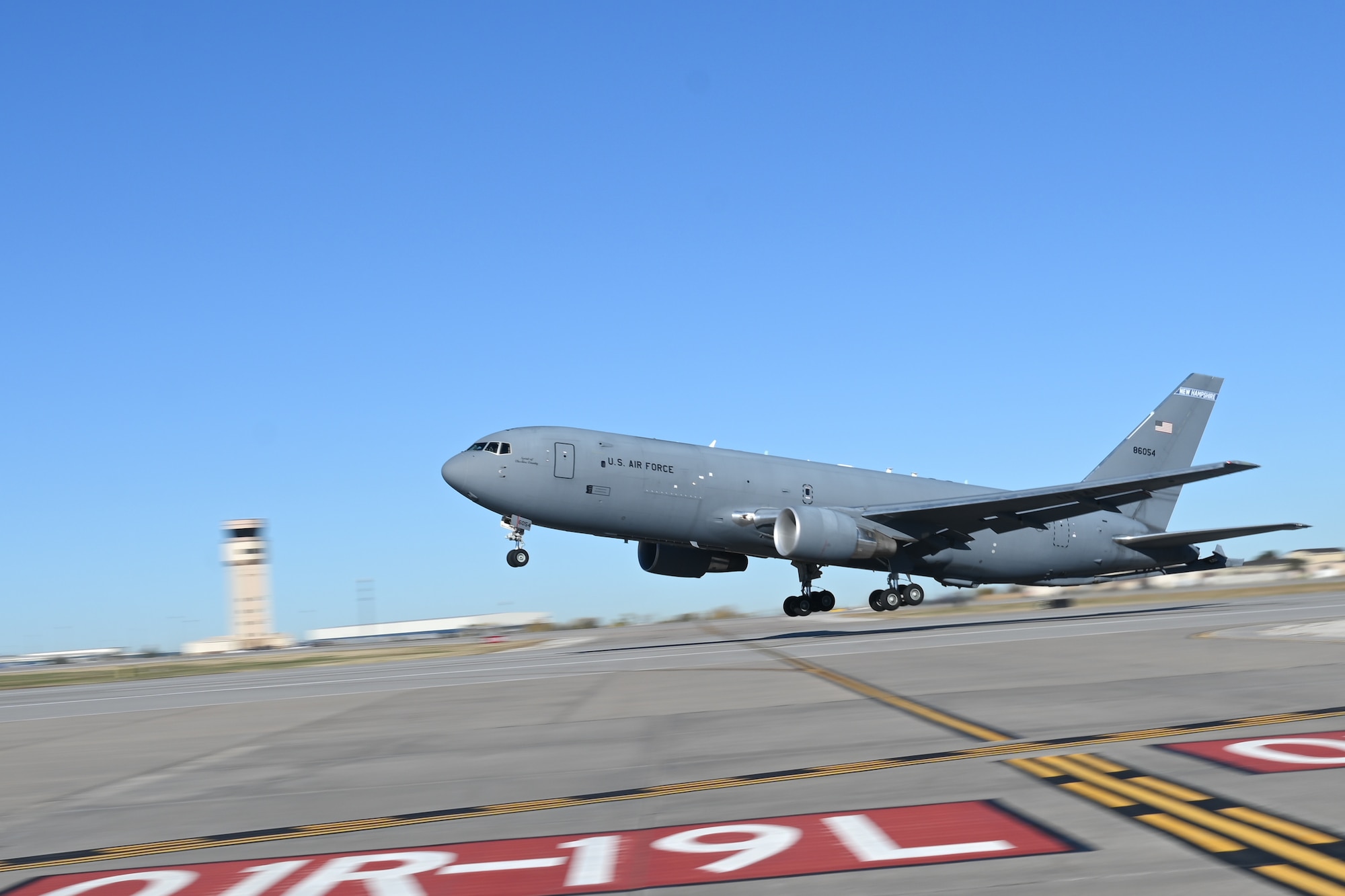 A KC-46A Pegasus takes off during the third annual KC-46 Weapons Systems Council Nov. 15, 2024, at McConnell Air Force Base, Kansas. The council focused on a variety of topics, including KC-46 training, insights from recent employment capability exercises and the latest tactical developments for the aircraft. (U.S. Air Force photo by Senior Airman William Lunn)