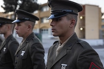 U.S Marine Corps Pfc. Sayeed Montazeri with India Company, 3rd Recruit Training Battalion, stands in formation before the Battalion Commander’s Inspection, at Marine Corps Recruit Depot San Diego, California, Oct. 23, 2024. The Battalion Commander’s Inspection surveys new Marines’ knowledge, bearing, and attention to detail as one of their last tests before graduating. (U.S. Marine Corps photo by Lance Cpl. Jacob B. Hutchinson)