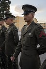 U.S Marine Corps Pfc. Sayeed Montazeri with India Company, 3rd Recruit Training Battalion, stands in formation before the Battalion Commander’s Inspection, at Marine Corps Recruit Depot San Diego, California, Oct. 23, 2024. The Battalion Commander’s Inspection surveys new Marines’ knowledge, bearing, and attention to detail as one of their last tests before graduating. (U.S. Marine Corps photo by Lance Cpl. Jacob B. Hutchinson)