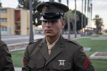 U.S Marine Corps Pfc. Sayeed Montazeri with India Company, 3rd Recruit Training Battalion, stands in formation before the Battalion Commander’s Inspection, at Marine Corps Recruit Depot San Diego, California, Oct. 23, 2024. The Battalion Commander’s Inspection surveys new Marines’ knowledge, bearing, and attention to detail as one of their last tests before graduating. (U.S. Marine Corps photo by Lance Cpl. Jacob B. Hutchinson)