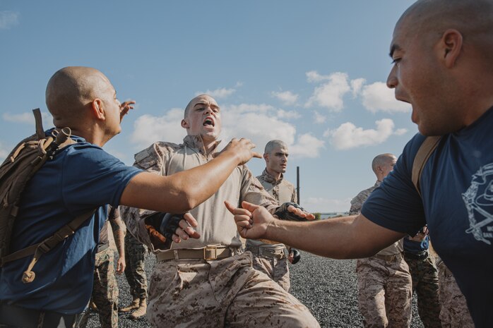 U.S. Marine Corps drill instructors with Lima Company, 3rd Recruit Training Battalion, instruct a recruit during dynamic warm-ups before a Marine Corps Martial Arts Program class at Marine Corps Recruit Depot San Diego, California, Oct. 29, 2024. MCMAP aims to strengthen the mental and moral resiliency of recruits and Marines through realistic combative training, warrior ethos studies, and physical hardening. (U.S. Marine Corps photo by Cpl. Sarah M. Grawcock)