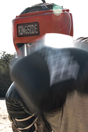 U.S. Marine Corps recruit Angel Santana with Fox Company, 2nd Recruit Training Battalion, prepares for a body sparring event at Marine Corps Recruit Depot San Diego, California, Oct. 28, 2024. Recruits are taught Marine Corps Martial Arts Program techniques that instill basic self-defense that they will execute throughout recruit training during events like body sparring and pugil sticks to help build a warrior ethos and esprit de corps. (U.S. Marine Corps photo by Cpl. Sarah M. Grawcock)