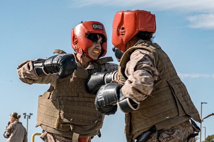 U.S. Marine Corps recruits with Fox Company, 2nd Recruit Training Battalion, participate in a body sparring event at Marine Corps Recruit Depot San Diego, California, Oct. 28, 2024. Recruits are taught Marine Corps Martial Arts Program techniques that instill basic self-defense that they will execute throughout recruit training during events like body sparring and pugil sticks to help build a warrior ethos and esprit de corps. (U.S. Marine Corps photo by Cpl. Sarah M. Grawcock)