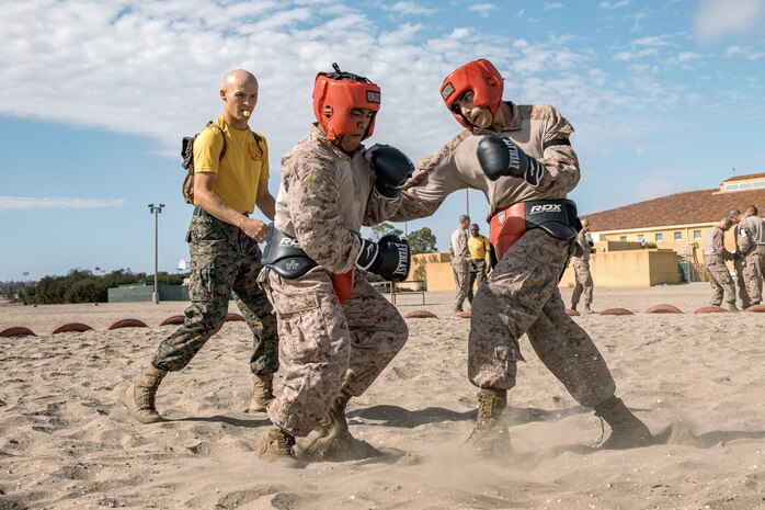 U.S. Marine Corps Sgt. Cameron Wanser, left, a drill instructor with Fox Company, 2nd Recruit Training Battalion, observes a body sparring event at Marine Corps Recruit Depot San Diego, California, Oct. 28, 2024. Recruits are taught Marine Corps Martial Arts Program techniques that instill basic self-defense that they will execute throughout recruit training during events like body sparring and pugil sticks to help build a warrior ethos and esprit de corps. (U.S. Marine Corps photo by Cpl. Sarah M. Grawcock)