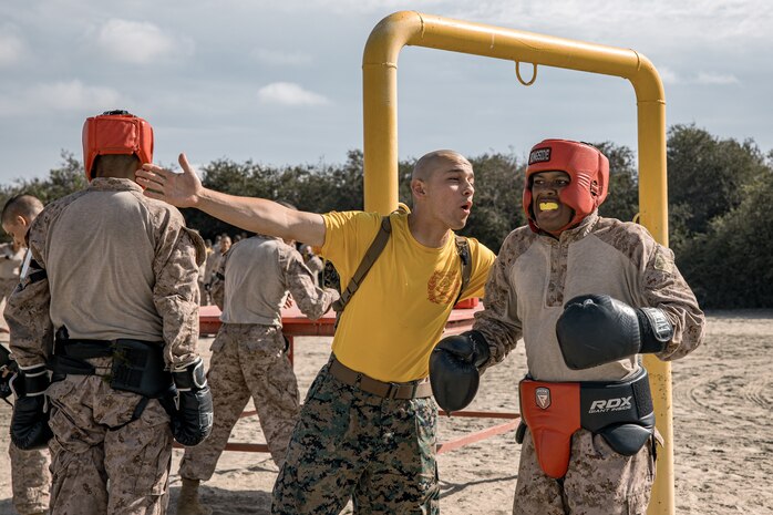 A U.S. Marine Corps drill instructor with Fox Company, 2nd Recruit Training Battalion, instructs a recruit during a body sparring event at Marine Corps Recruit Depot San Diego, California, Oct. 28, 2024. Recruits are taught Marine Corps Martial Arts Program techniques that instill basic self-defense that they will execute throughout recruit training during events like body sparring and pugil sticks to help build a warrior ethos and esprit de corps. (U.S. Marine Corps photo by Cpl. Sarah M. Grawcock)