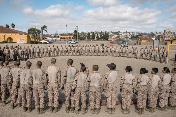 U.S. Marine Corps recruits with Fox Company, 2nd Recruit Training Battalion, wait for instructions before a body sparring event at Marine Corps Recruit Depot San Diego, California, Oct. 28, 2024. Recruits are taught Marine Corps Martial Arts Program techniques that instill basic self-defense that they will execute throughout recruit training during events like body sparring and pugil sticks to help build a warrior ethos and esprit de corps. (U.S. Marine Corps photo by Cpl. Sarah M. Grawcock)