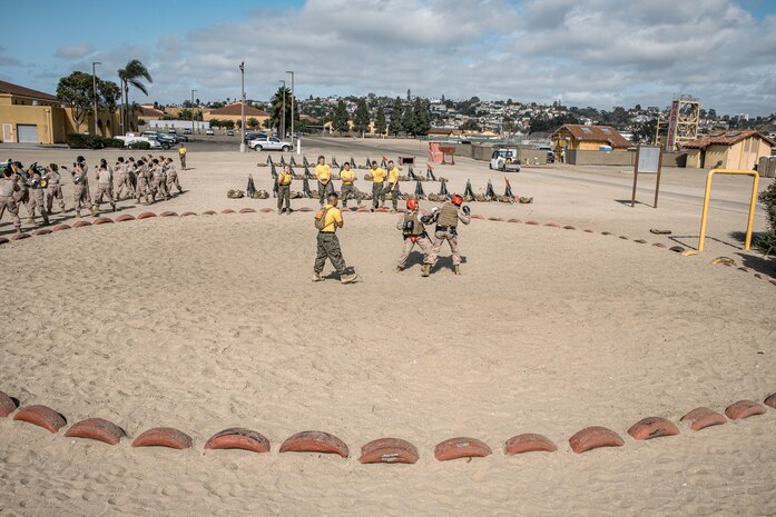U.S. Marine Corps recruits with Fox Company, 2nd Recruit Training Battalion, participate in a body sparring event at Marine Corps Recruit Depot San Diego, California, Oct. 28, 2024. Recruits are taught Marine Corps Martial Arts Program techniques that instill basic self-defense that they will execute throughout recruit training during events like body sparring and pugil sticks to help build a warrior ethos and esprit de corps. (U.S. Marine Corps photo by Cpl. Sarah M. Grawcock)