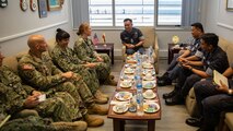 241118-N-CU072-1034 MUARA, Brunei (Nov 18, 2024) – U.S. Navy Rear Adm. Katie Sheldon, Vice Commander, U.S. 7th Fleet, meets with Capt. Sahibul Bahari Bin Haji Zainal Abidin, Royal Brunei Navy Fleet Commander, and members of the Royal Brunei Navy during Cooperation Afloat Readiness and Training Brunei 2024 November 18th. This year marks the 30th iteration of CARAT, a multinational exercise series designed to enhance U.S. and partner navies’ abilities to operate together in response to traditional and non-traditional maritime security challenges in the Indo-Pacific region. (U.S. Navy photo by Mass Communication Specialist 2nd Class Sean Lynch)