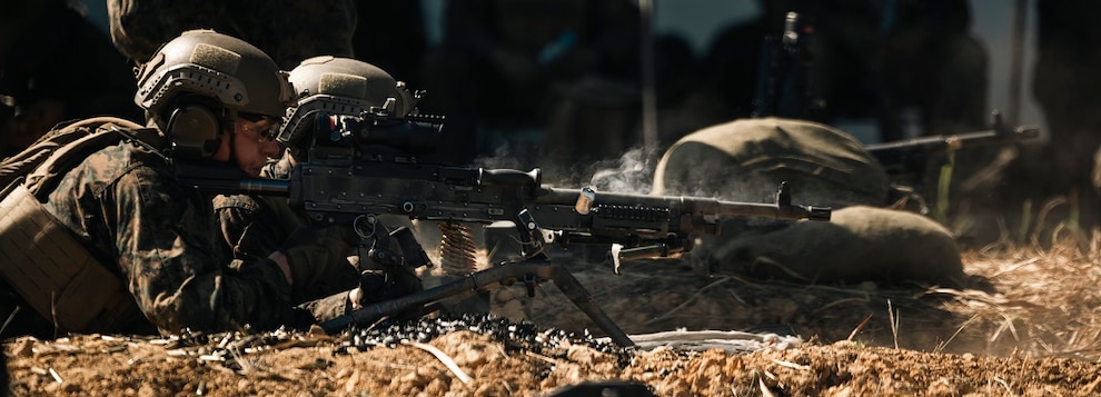 A U.S. Marine with 2nd Battalion, 7th Marine Regiment, attached to Marine Rotational Force - Southeast Asia, fires an M240B machine gun during Keris Marine Exercise (MAREX) 2024 on Galang Island, Batam, Indonesia, Nov. 8, 2024.