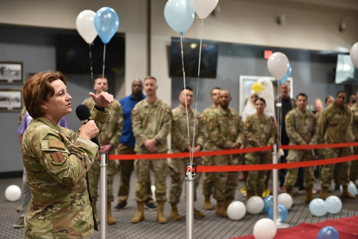U.S. Air Force Col. Angelina Maguinness, 17th Training Wing commander, speaks to attendees of the Chief Release Party at the Powell Event Center, Goodfellow Air Force Base, Texas, Nov. 18, 2024. Maguinness congratulated the promotees and encouraged them to continue to take care of Airmen. (U.S. Air Force photo by 1st Lt. Harris Hillstead)