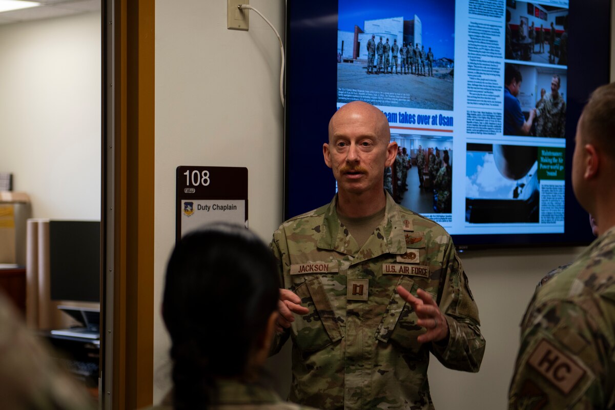 U.S. Air Force Capt. Ryan Jackson, 51st Fighter Wing chaplain, leads a tour during the Republic of Korea Air Force and U.S. Air Force Chaplain Corps Readiness Symposium at Osan Air Base, ROK, Nov. 14, 2024. The symposium invited chaplains from Kunsan AB and ROKAF units to discuss contingency and bilateral operations to improve spiritual readiness across the peninsula. (U.S. Air Force photo by Tech. Sgt. Clayton Lenhardt)