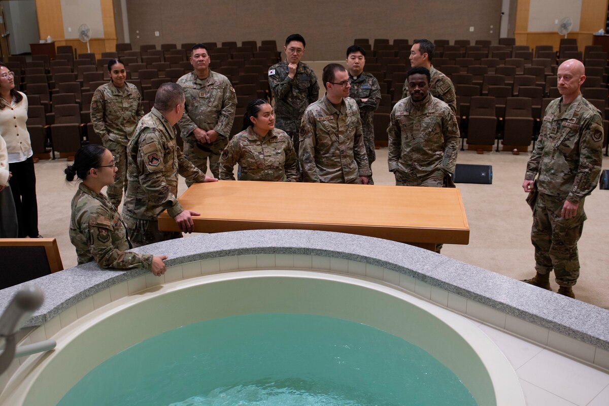 U.S. Air Force and Republic of Korea Air Force chaplains tour the base chapel during the Republic of Korea Air Force and U.S. Air Force  Chaplain Corps Readiness Symposium at Osan Air Base, ROK, Nov. 14, 2024. The symposium focused on improving readiness and partnership building between U.S. and ROKAF chaplains. (U.S. Air Force photo by Tech. Sgt. Clayton Lenhardt)