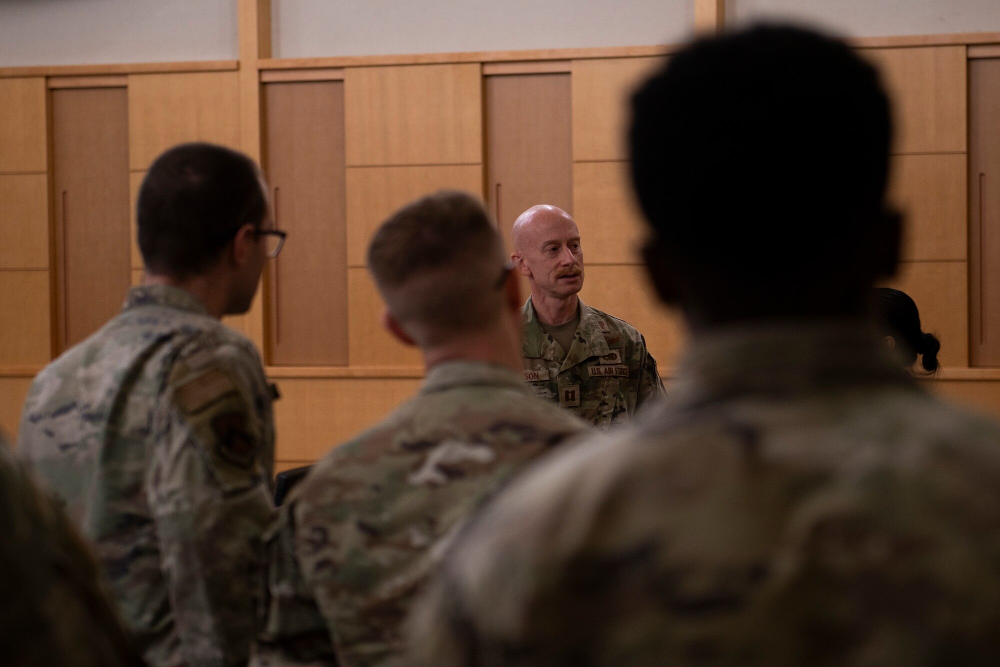 U.S. Air Force Capt. Ryan Jackson, 51st Fighter Wing chaplain, leads a tour during the Republic of Korea Air Force and U.S. Air Force Chaplain Corps Readiness Symposium at Osan Air Base, ROK, Nov. 14, 2024. In addition to a tour of the $17 million facility, the symposium focused on readiness and partnership building between U.S. Air Force and ROKAF chaplains. (U.S. Air Force photo by Tech. Sgt. Clayton Lenhardt)