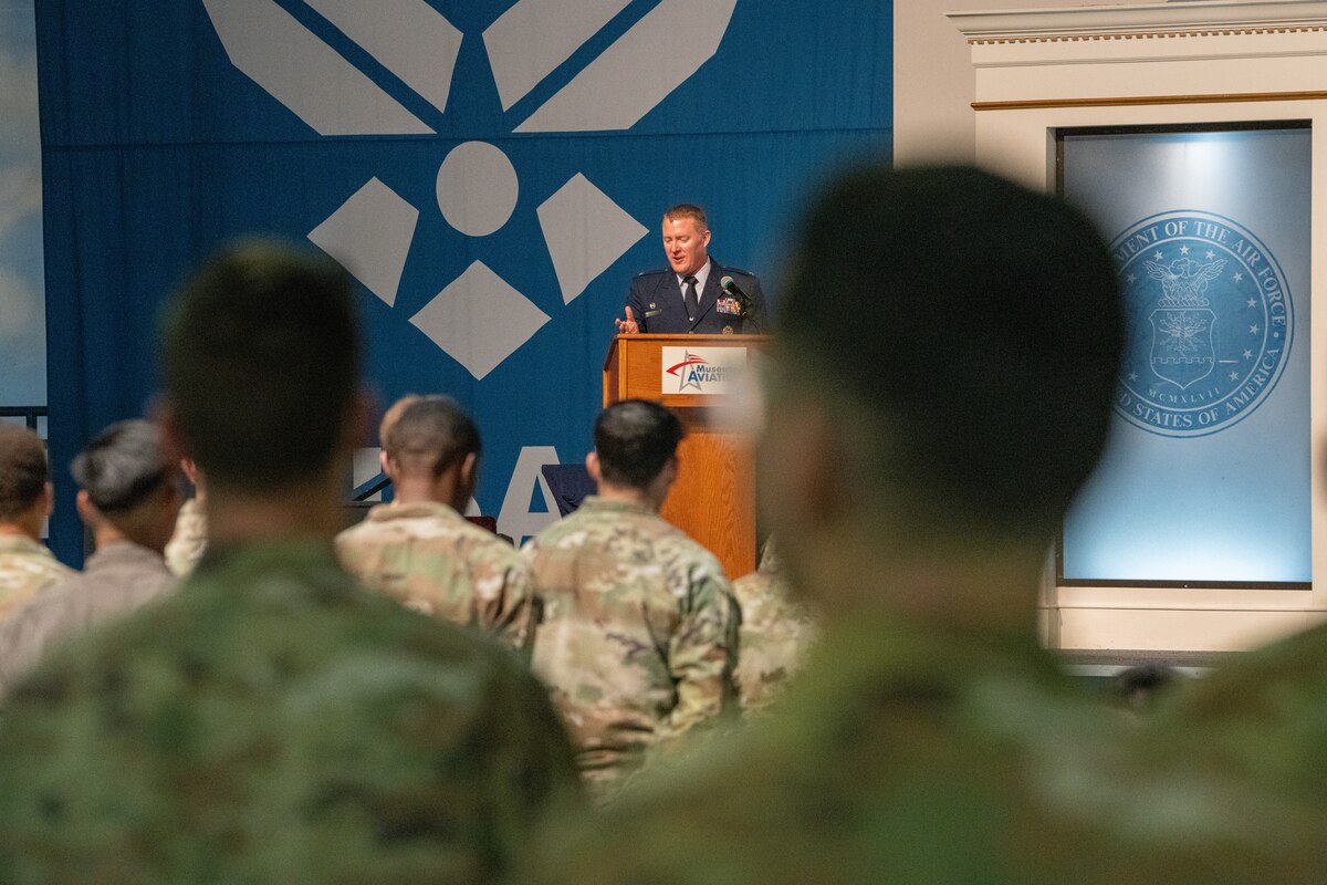 Col. Michael Lynch, 461st Operations Group commander, speaks during the 461st OSS inactivation ceremony at Robins Air Force Base, Georgia.