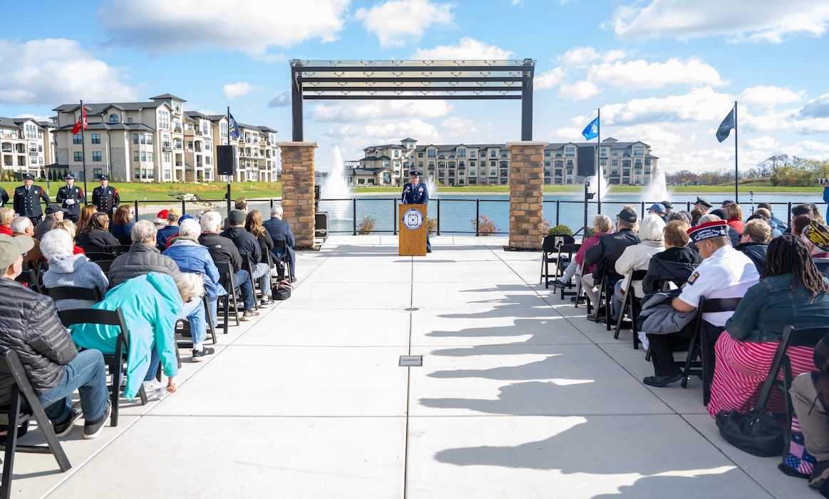 Col. Travis Pond, deputy commander of the 88th Air Base Wing, speaks to veterans at Centerville’s annual ceremony.