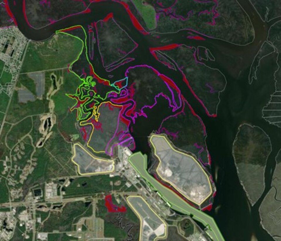 Map of proposed marsh restoration zones, subbase channel, and existing DMMAs.