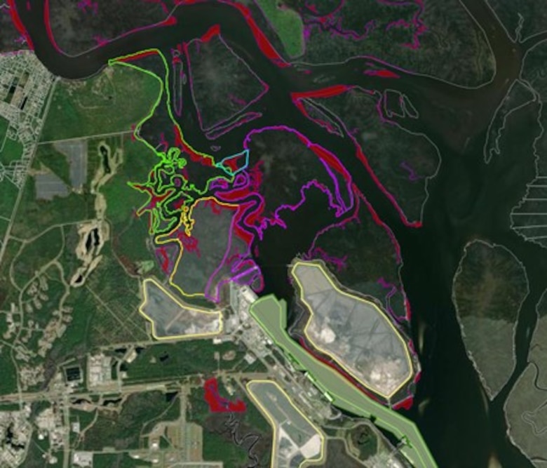 Map of proposed marsh restoration zones, subbase channel, and existing DMMAs.