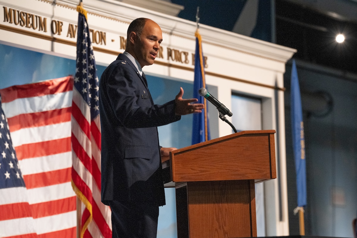 Lt. Col. Richard Holt, 461st Operational Support Squadron commander, speaks during the 461st OSS inactivation ceremony at Robins Air Force Base.