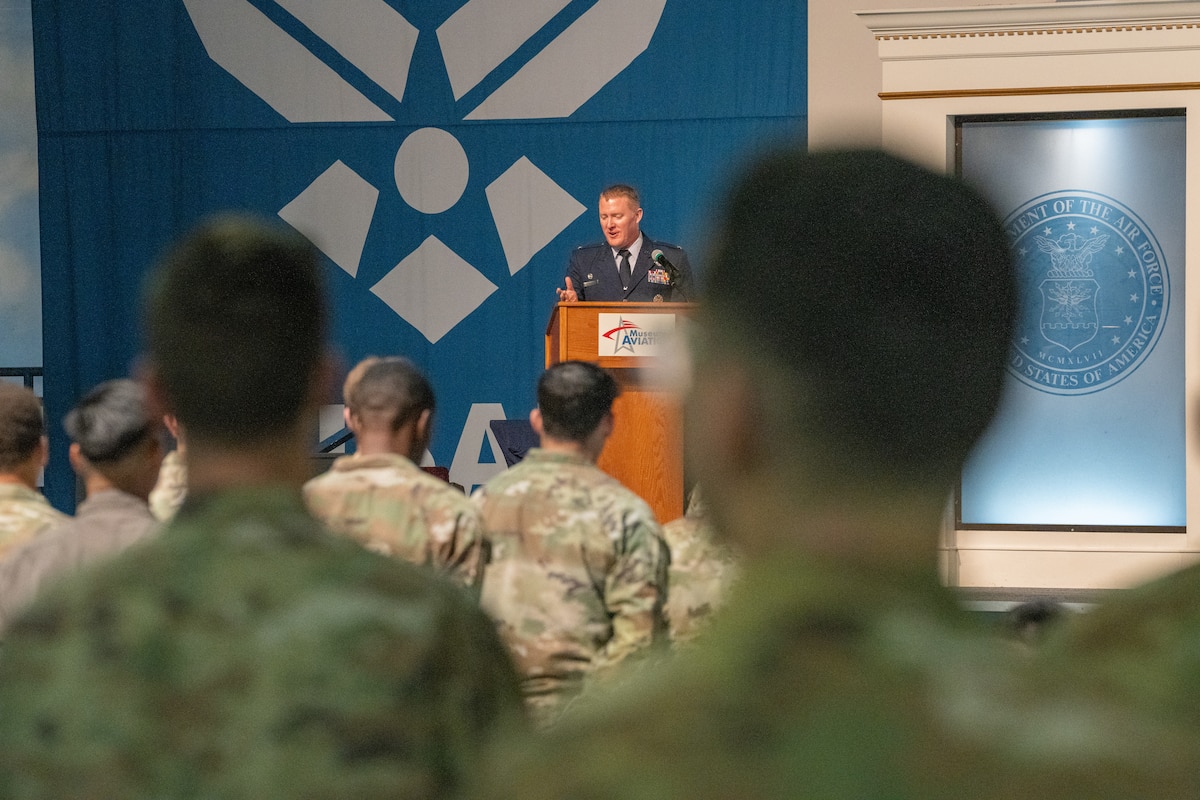 Col. Michael Lynch, 461st Operations Group commander, speaks during the 461st OSS inactivation ceremony at Robins Air Force Base, Georgia.