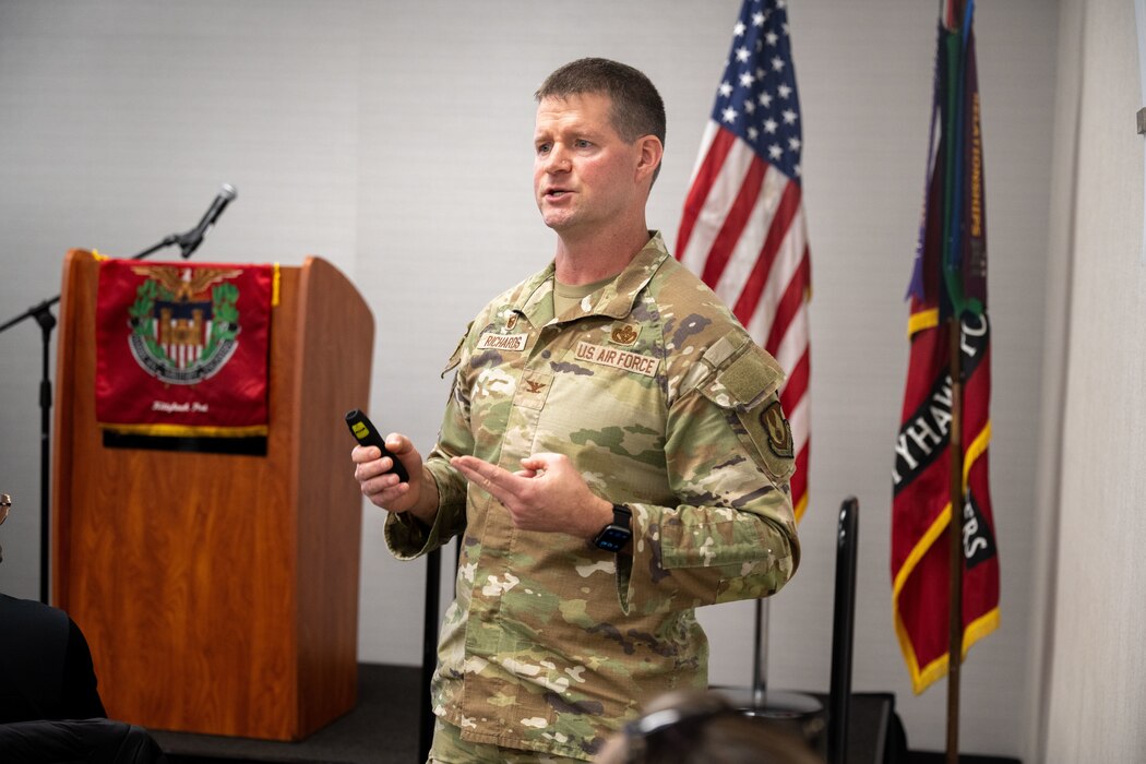 Col. Dustin Richards, 88th Air Base Wing and installation commander, speaks at the Society of American Military Engineers Kittyhawk Post.