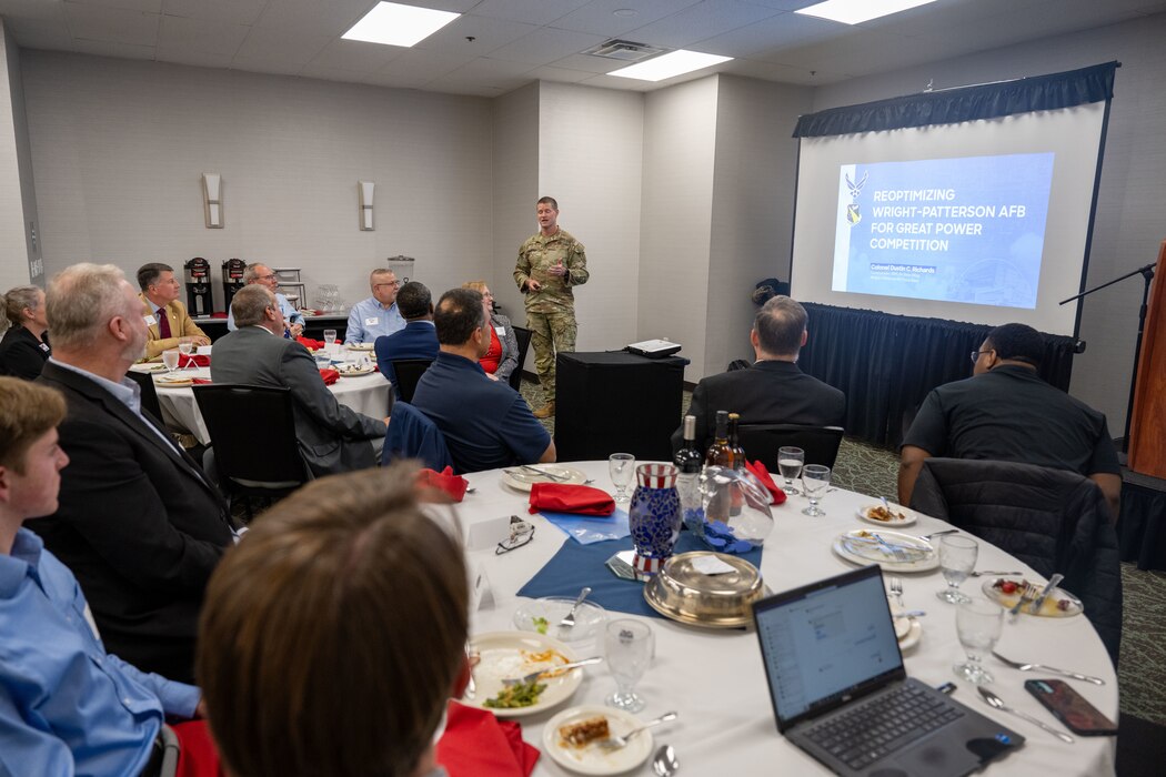 Col. Dustin Richards, 88th Air Base Wing and installation commander, speaks at the Society of American Military Engineers Kittyhawk Post.
