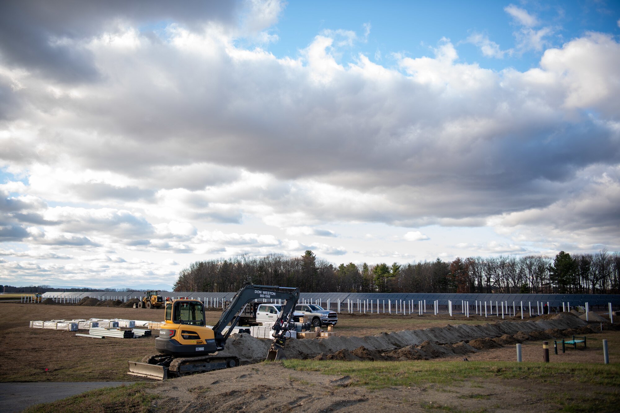 Photo of a construction project underway for the expansion of the solar array located on the Vermont Air National Guard Base, South Burlington, Vermont, Nov. 13, 2024.