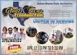 Community members have the opportunity to explore JBSA-Fort Sam Houston’s premier military installation at the Great Texas Freedom Fest from 3 to 9:30 p.m., April 12, 2025. The installation will open its gates to the public for this event, which is free to all who attend. The theme is “United in Service,” and the open house will feature live music from The Spazmatics and military bands, food trucks, museum tours, military demonstrations, and family activities. (U.S. Air Force graphic by Franklin Melendez)